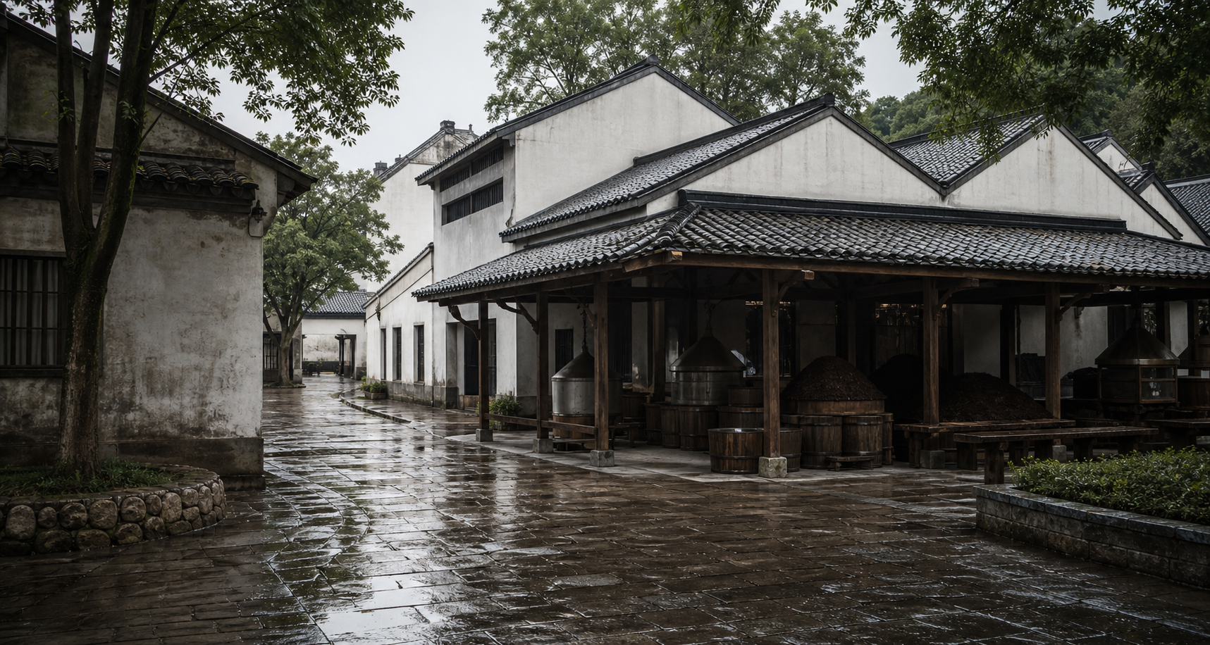 黄昏中的九章酒厂屋檐与院落