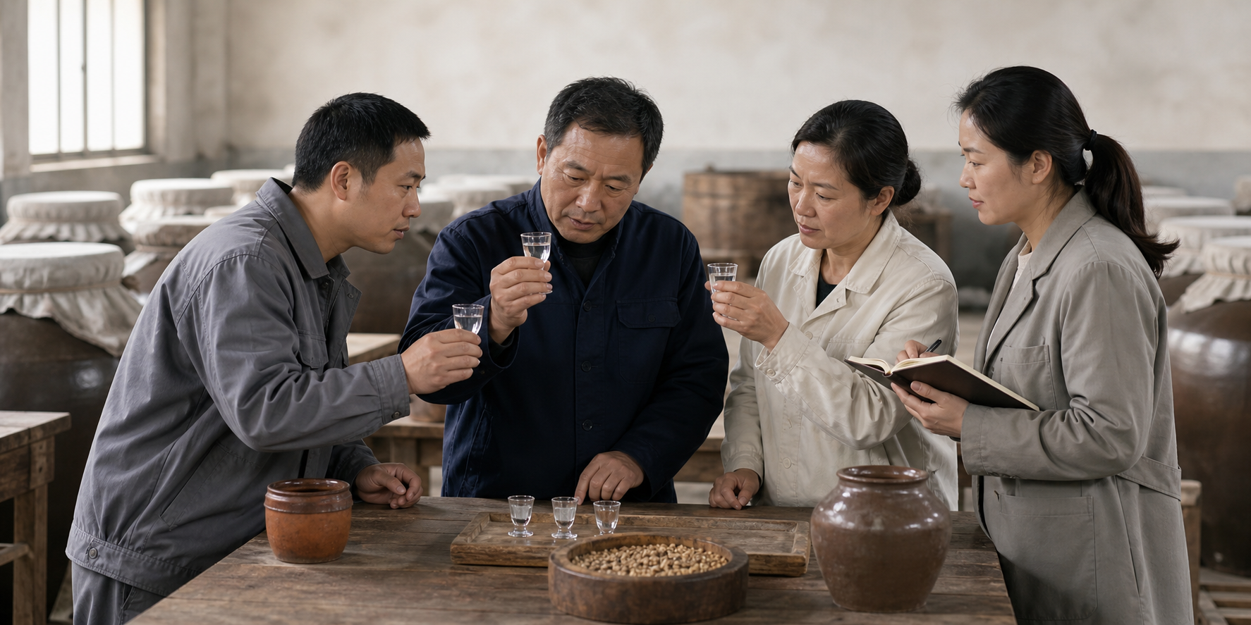 九章酒厂团队在窖藏空间中工作